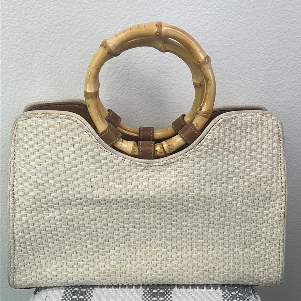 Fossil Cream Woven Handbag with Bamboo Handles